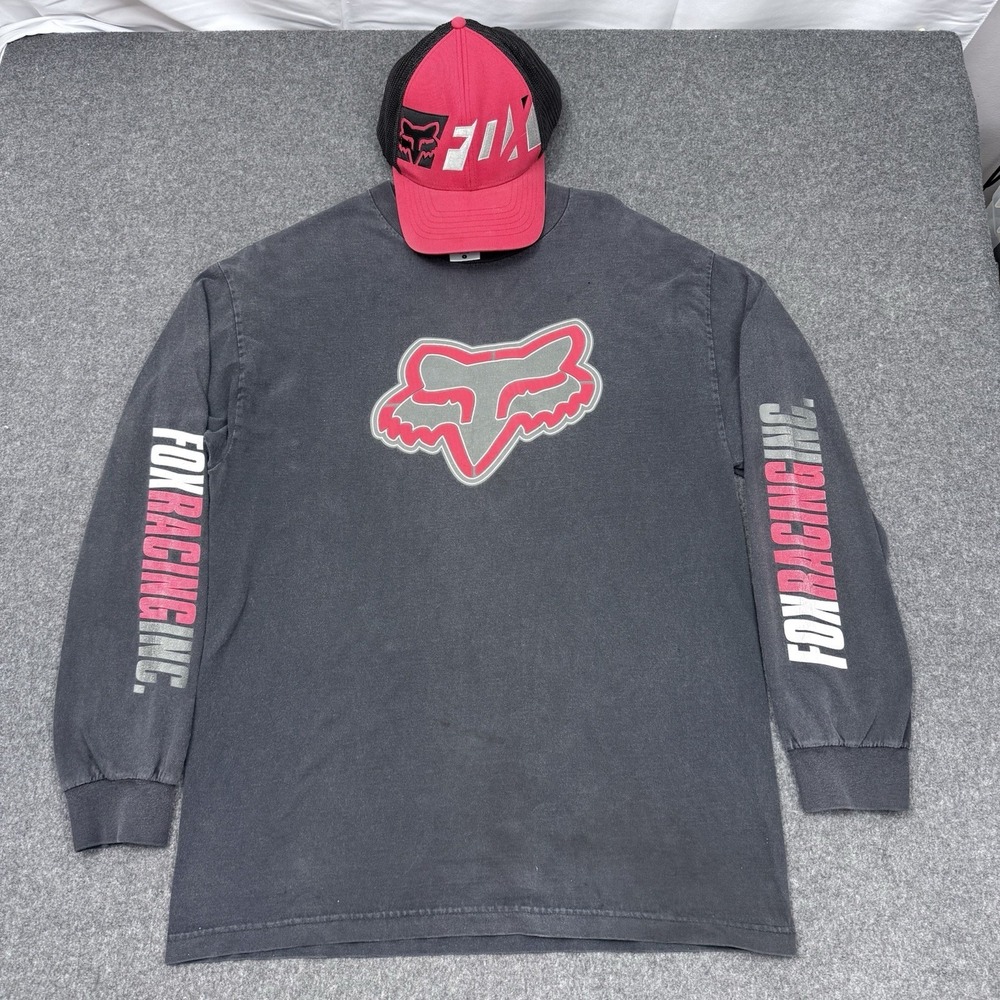 Fox Racing Long Sleeve T Shirt Large Black Logo Graphic Moto Y2K